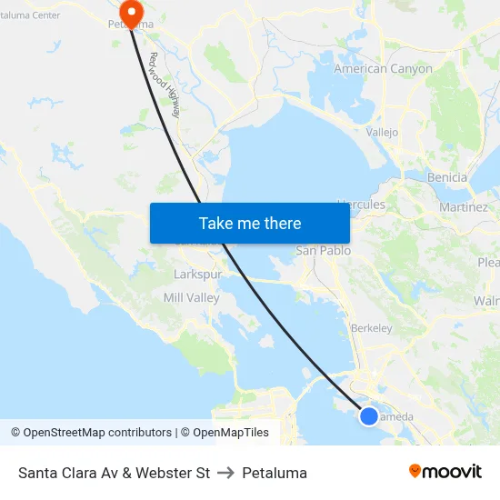 Santa Clara Av & Webster St to Petaluma map