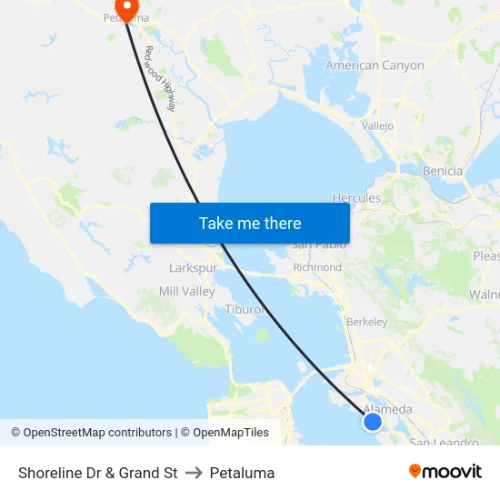 Shoreline Dr & Grand St to Petaluma map