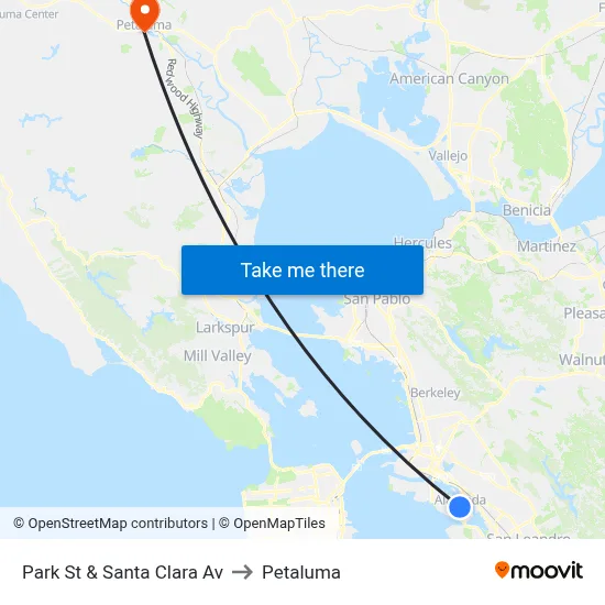 Park St & Santa Clara Av to Petaluma map