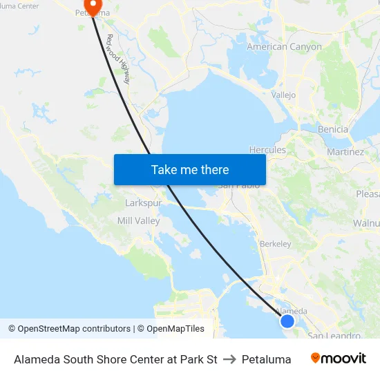 Alameda South Shore Center at Park St to Petaluma map