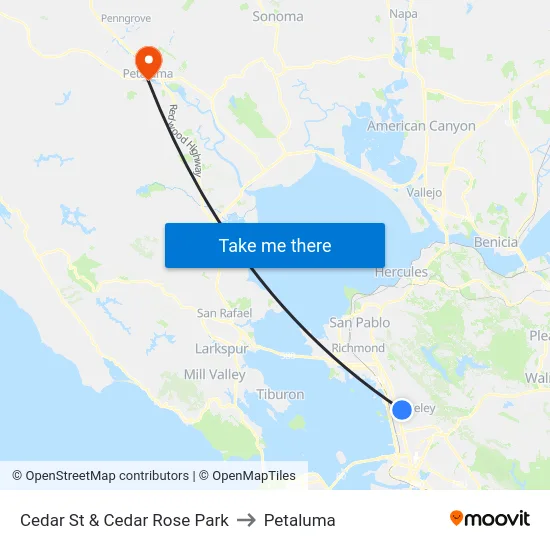 Cedar St & Cedar Rose Park to Petaluma map