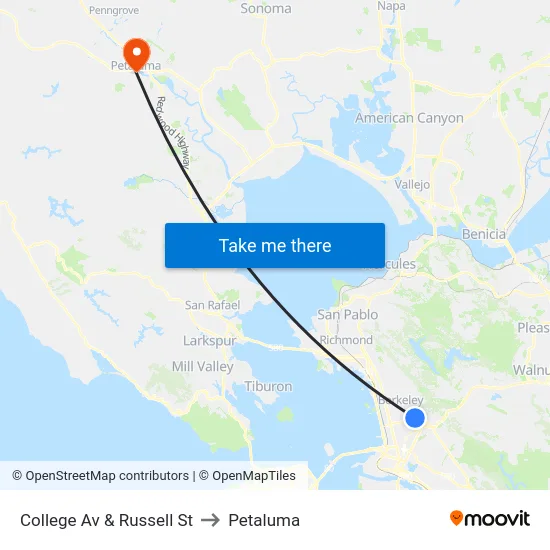 College Av & Russell St to Petaluma map