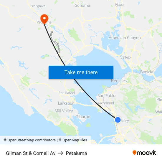Gilman St & Cornell Av to Petaluma map