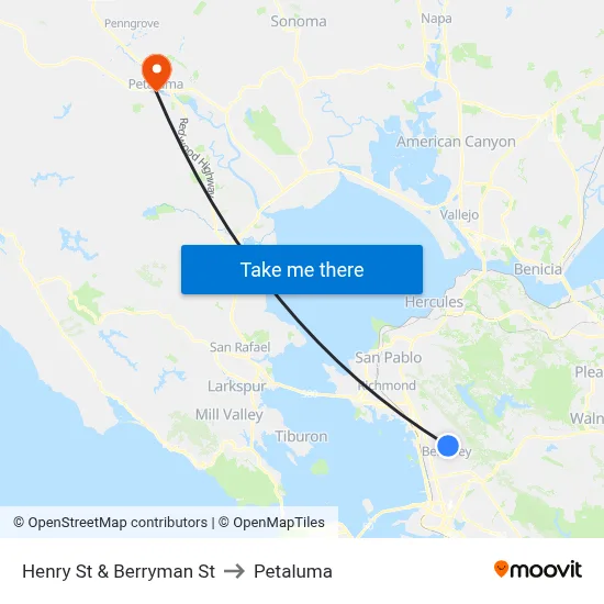 Henry St & Berryman St to Petaluma map