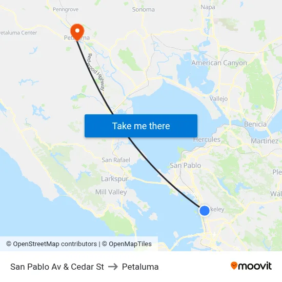 San Pablo Av & Cedar St to Petaluma map
