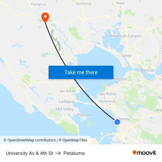 University Av & 4th St to Petaluma map