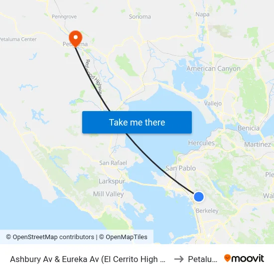Ashbury Av & Eureka Av (El Cerrito High School) to Petaluma map