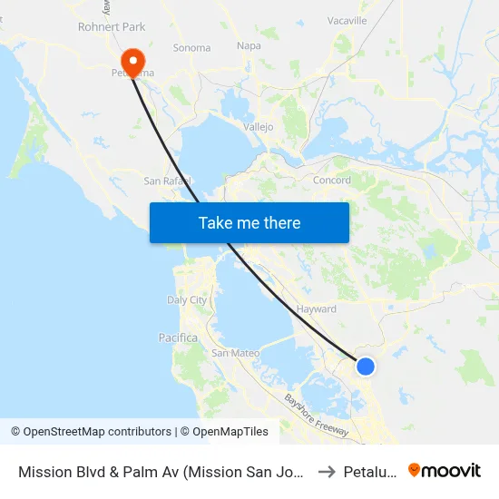 Mission Blvd & Palm Av (Mission San Jose High) to Petaluma map