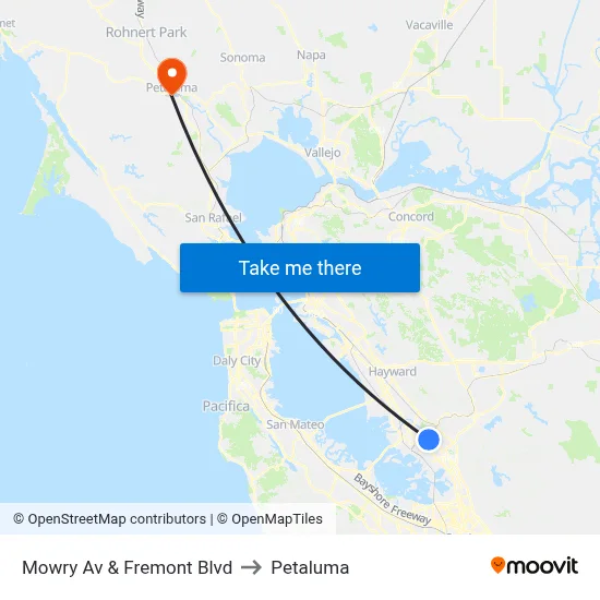 Mowry Av & Fremont Blvd to Petaluma map