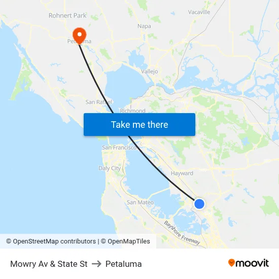 Mowry Av & State St to Petaluma map