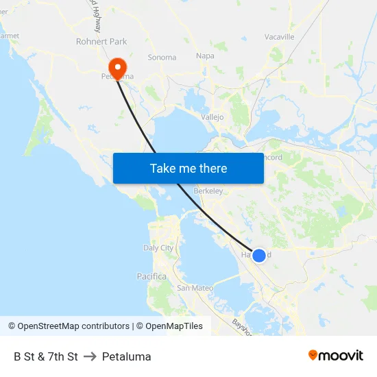 B St & 7th St to Petaluma map