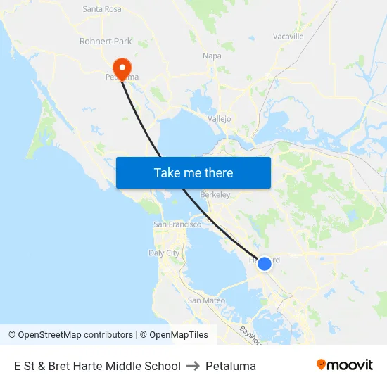 E St & Bret Harte Middle School to Petaluma map