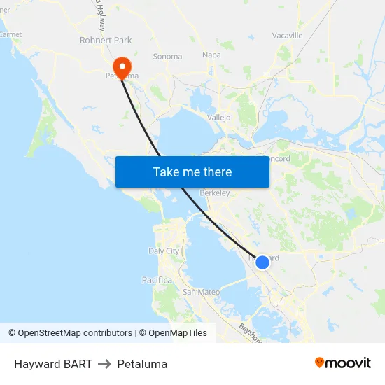 Hayward BART to Petaluma map