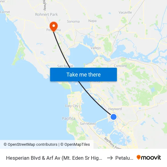 Hesperian Blvd & Arf Av (Mt. Eden Sr High School) to Petaluma map