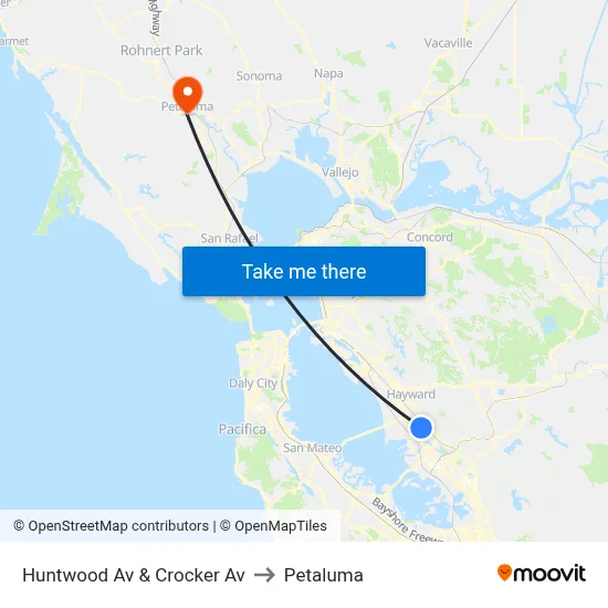 Huntwood Av & Crocker Av to Petaluma map