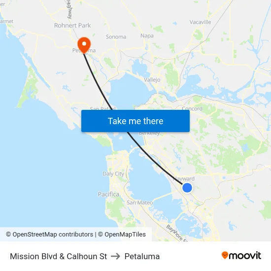 Mission Blvd & Calhoun St to Petaluma map