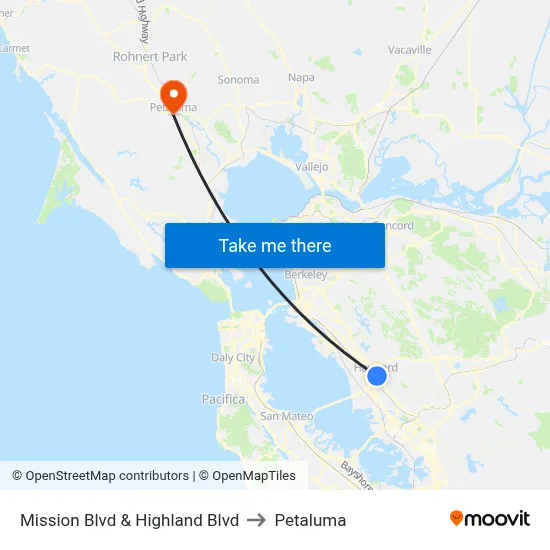 Mission Blvd & Highland Blvd to Petaluma map