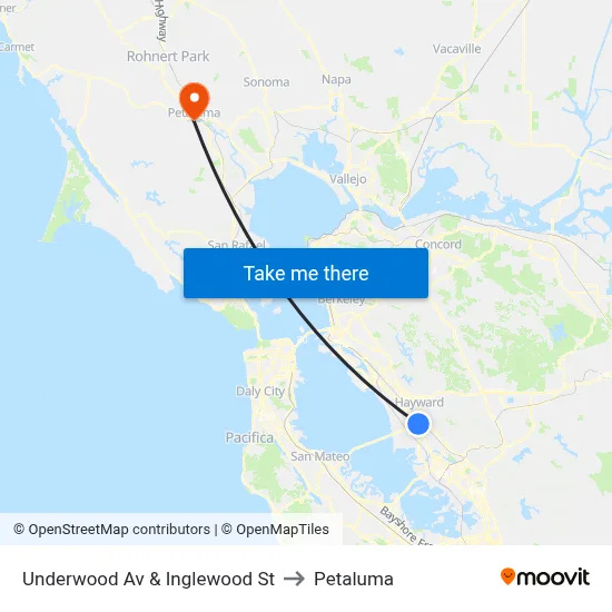 Underwood Av & Inglewood St to Petaluma map