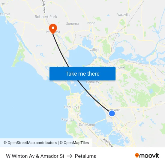 W Winton Av & Amador St to Petaluma map