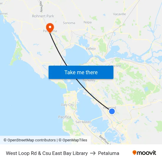 West Loop Rd & Csu East Bay Library to Petaluma map