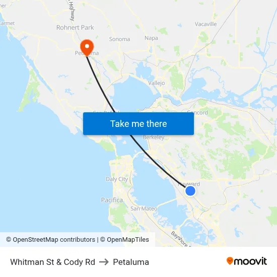 Whitman St & Cody Rd to Petaluma map