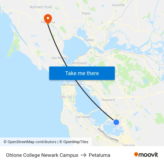 Ohlone College Newark Campus to Petaluma map