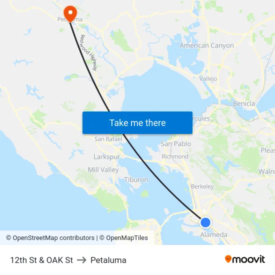 12th St & OAK St to Petaluma map