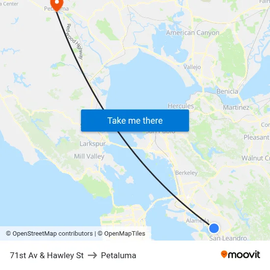 71st Av & Hawley St to Petaluma map