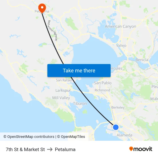 7th St & Market St to Petaluma map