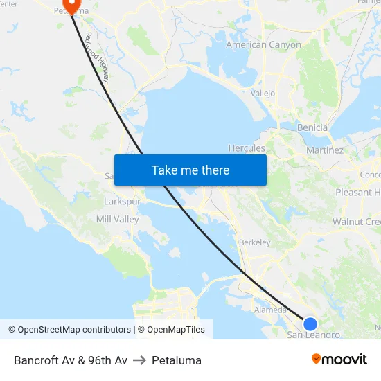 Bancroft Av & 96th Av to Petaluma map