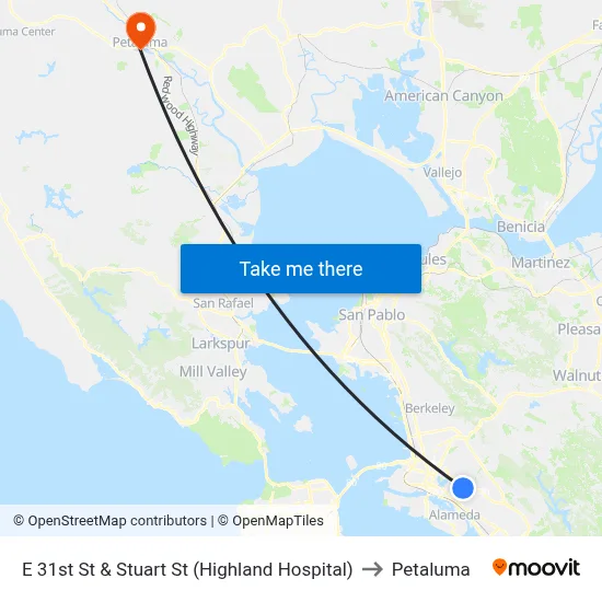 E 31st St & Stuart St (Highland Hospital) to Petaluma map