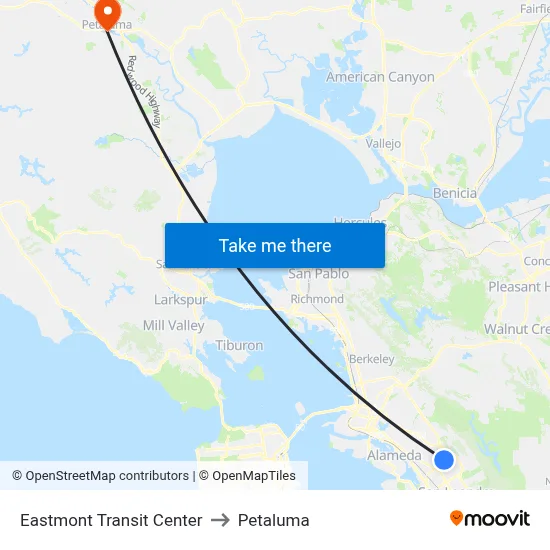 Eastmont Transit Center to Petaluma map