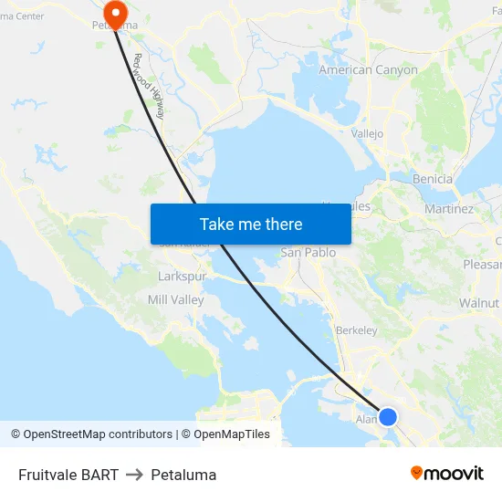 Fruitvale BART to Petaluma map