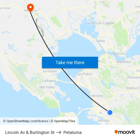Lincoln Av & Burlington St to Petaluma map