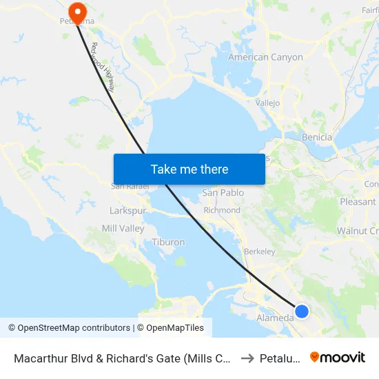 Macarthur Blvd & Richard's Gate (Mills College) to Petaluma map