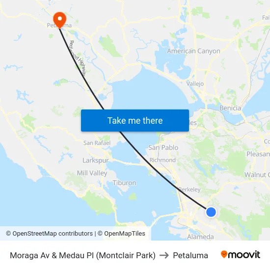 Moraga Av & Medau Pl (Montclair Park) to Petaluma map
