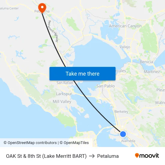 OAK St & 8th St (Lake Merritt BART) to Petaluma map