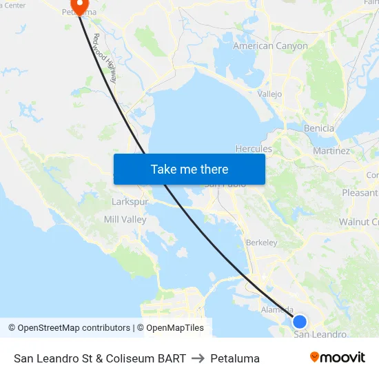 San Leandro St & Coliseum BART to Petaluma map