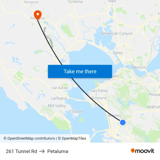 261 Tunnel Rd to Petaluma map