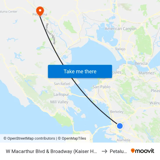 W Macarthur Blvd & Broadway (Kaiser Hospital) to Petaluma map