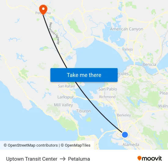 Uptown Transit Center to Petaluma map