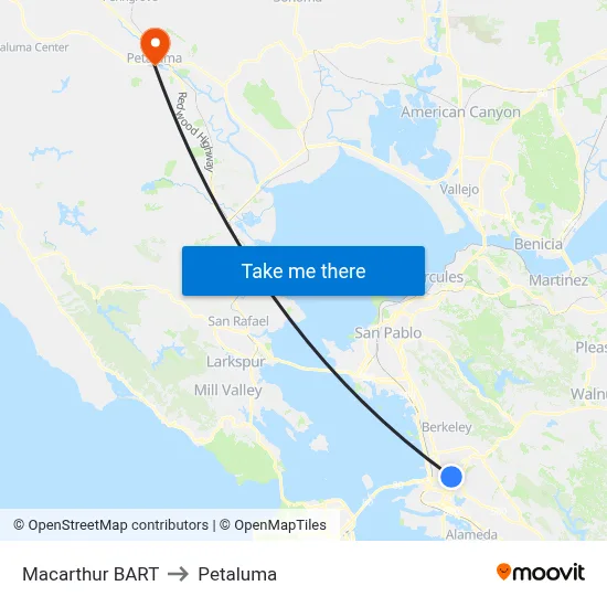 Macarthur BART to Petaluma map