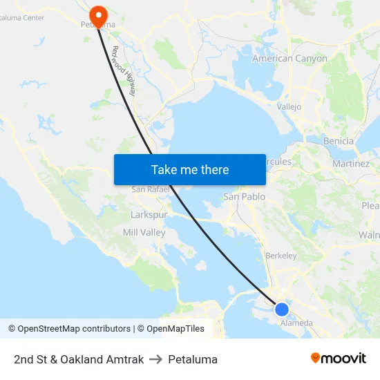 2nd St & Oakland Amtrak to Petaluma map
