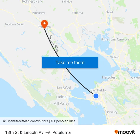 13th St & Lincoln Av to Petaluma map