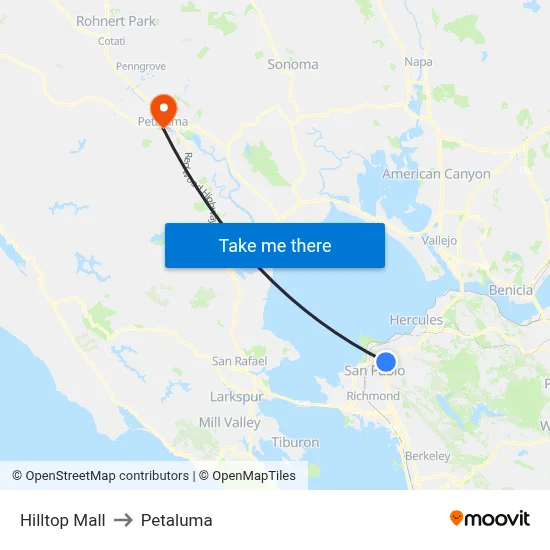 Hilltop Mall to Petaluma map