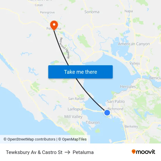 Tewksbury Av & Castro St to Petaluma map