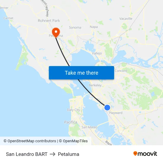 San Leandro BART to Petaluma map