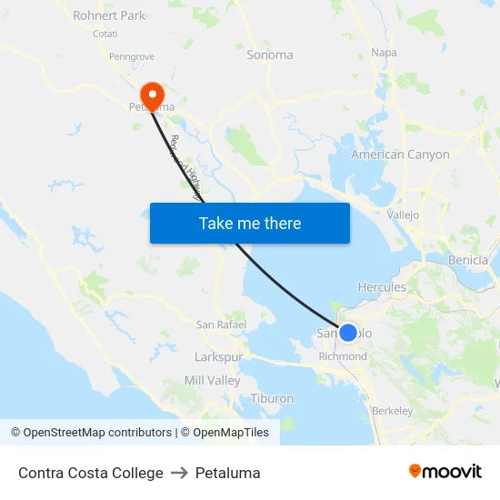 Contra Costa College to Petaluma map