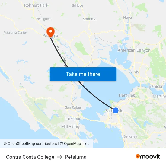 Contra Costa College to Petaluma map