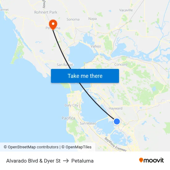 Alvarado Blvd & Dyer St to Petaluma map